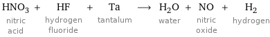 HNO_3 nitric acid + HF hydrogen fluoride + Ta tantalum ⟶ H_2O water + NO nitric oxide + H_2 hydrogen