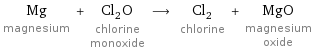 Mg magnesium + Cl_2O chlorine monoxide ⟶ Cl_2 chlorine + MgO magnesium oxide