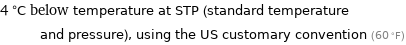 4 °C below temperature at STP (standard temperature and pressure), using the US customary convention (60 °F)