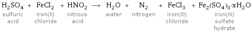 H_2SO_4 sulfuric acid + FeCl_2 iron(II) chloride + HNO_2 nitrous acid ⟶ H_2O water + N_2 nitrogen + FeCl_3 iron(III) chloride + Fe_2(SO_4)_3·xH_2O iron(III) sulfate hydrate