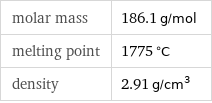 molar mass | 186.1 g/mol melting point | 1775 °C density | 2.91 g/cm^3