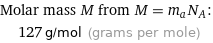 Molar mass M from M = m_aN_A:  | 127 g/mol (grams per mole)