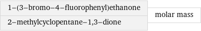 1-(3-bromo-4-fluorophenyl)ethanone 2-methylcyclopentane-1, 3-dione | molar mass