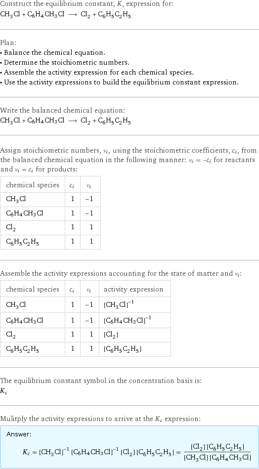 Construct the equilibrium constant, K, expression for: CH_3Cl + C6H4CH3Cl ⟶ Cl_2 + C_6H_5C_2H_5 Plan: • Balance the chemical equation. • Determine the stoichiometric numbers. • Assemble the activity expression for each chemical species. • Use the activity expressions to build the equilibrium constant expression. Write the balanced chemical equation: CH_3Cl + C6H4CH3Cl ⟶ Cl_2 + C_6H_5C_2H_5 Assign stoichiometric numbers, ν_i, using the stoichiometric coefficients, c_i, from the balanced chemical equation in the following manner: ν_i = -c_i for reactants and ν_i = c_i for products: chemical species | c_i | ν_i CH_3Cl | 1 | -1 C6H4CH3Cl | 1 | -1 Cl_2 | 1 | 1 C_6H_5C_2H_5 | 1 | 1 Assemble the activity expressions accounting for the state of matter and ν_i: chemical species | c_i | ν_i | activity expression CH_3Cl | 1 | -1 | ([CH3Cl])^(-1) C6H4CH3Cl | 1 | -1 | ([C6H4CH3Cl])^(-1) Cl_2 | 1 | 1 | [Cl2] C_6H_5C_2H_5 | 1 | 1 | [C6H5C2H5] The equilibrium constant symbol in the concentration basis is: K_c Mulitply the activity expressions to arrive at the K_c expression: Answer: |   | K_c = ([CH3Cl])^(-1) ([C6H4CH3Cl])^(-1) [Cl2] [C6H5C2H5] = ([Cl2] [C6H5C2H5])/([CH3Cl] [C6H4CH3Cl])