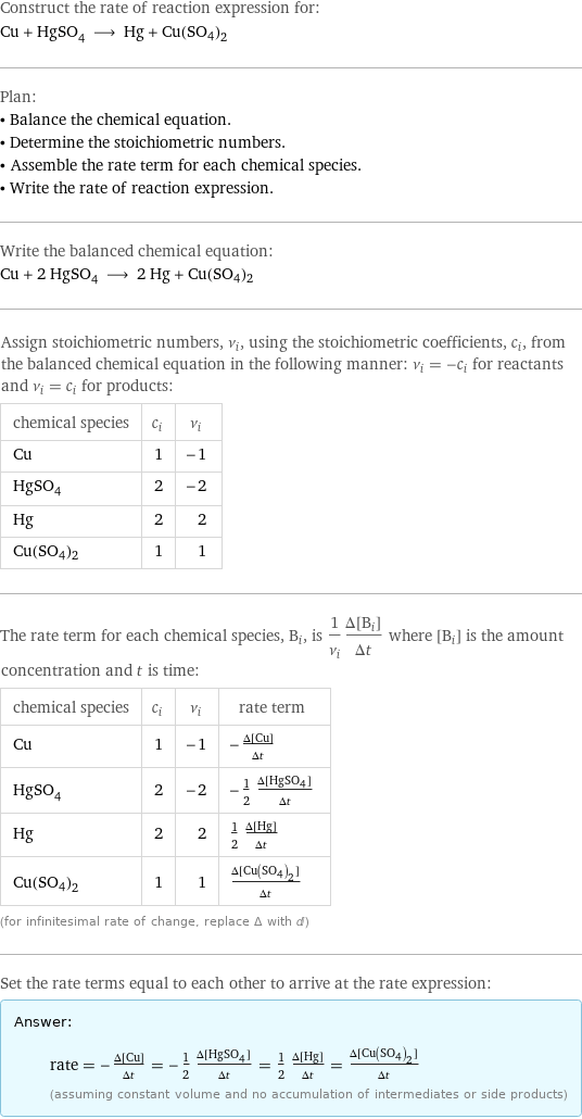 Construct the rate of reaction expression for: Cu + HgSO_4 ⟶ Hg + Cu(SO4)2 Plan: • Balance the chemical equation. • Determine the stoichiometric numbers. • Assemble the rate term for each chemical species. • Write the rate of reaction expression. Write the balanced chemical equation: Cu + 2 HgSO_4 ⟶ 2 Hg + Cu(SO4)2 Assign stoichiometric numbers, ν_i, using the stoichiometric coefficients, c_i, from the balanced chemical equation in the following manner: ν_i = -c_i for reactants and ν_i = c_i for products: chemical species | c_i | ν_i Cu | 1 | -1 HgSO_4 | 2 | -2 Hg | 2 | 2 Cu(SO4)2 | 1 | 1 The rate term for each chemical species, B_i, is 1/ν_i(Δ[B_i])/(Δt) where [B_i] is the amount concentration and t is time: chemical species | c_i | ν_i | rate term Cu | 1 | -1 | -(Δ[Cu])/(Δt) HgSO_4 | 2 | -2 | -1/2 (Δ[HgSO4])/(Δt) Hg | 2 | 2 | 1/2 (Δ[Hg])/(Δt) Cu(SO4)2 | 1 | 1 | (Δ[Cu(SO4)2])/(Δt) (for infinitesimal rate of change, replace Δ with d) Set the rate terms equal to each other to arrive at the rate expression: Answer: |   | rate = -(Δ[Cu])/(Δt) = -1/2 (Δ[HgSO4])/(Δt) = 1/2 (Δ[Hg])/(Δt) = (Δ[Cu(SO4)2])/(Δt) (assuming constant volume and no accumulation of intermediates or side products)