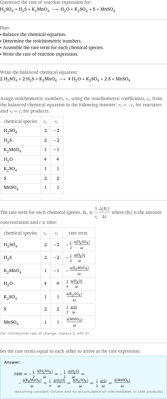 Construct the rate of reaction expression for: H_2SO_4 + H_2S + K_2MnO_4 ⟶ H_2O + K_2SO_4 + S + MnSO_4 Plan: • Balance the chemical equation. • Determine the stoichiometric numbers. • Assemble the rate term for each chemical species. • Write the rate of reaction expression. Write the balanced chemical equation: 2 H_2SO_4 + 2 H_2S + K_2MnO_4 ⟶ 4 H_2O + K_2SO_4 + 2 S + MnSO_4 Assign stoichiometric numbers, ν_i, using the stoichiometric coefficients, c_i, from the balanced chemical equation in the following manner: ν_i = -c_i for reactants and ν_i = c_i for products: chemical species | c_i | ν_i H_2SO_4 | 2 | -2 H_2S | 2 | -2 K_2MnO_4 | 1 | -1 H_2O | 4 | 4 K_2SO_4 | 1 | 1 S | 2 | 2 MnSO_4 | 1 | 1 The rate term for each chemical species, B_i, is 1/ν_i(Δ[B_i])/(Δt) where [B_i] is the amount concentration and t is time: chemical species | c_i | ν_i | rate term H_2SO_4 | 2 | -2 | -1/2 (Δ[H2SO4])/(Δt) H_2S | 2 | -2 | -1/2 (Δ[H2S])/(Δt) K_2MnO_4 | 1 | -1 | -(Δ[K2MnO4])/(Δt) H_2O | 4 | 4 | 1/4 (Δ[H2O])/(Δt) K_2SO_4 | 1 | 1 | (Δ[K2SO4])/(Δt) S | 2 | 2 | 1/2 (Δ[S])/(Δt) MnSO_4 | 1 | 1 | (Δ[MnSO4])/(Δt) (for infinitesimal rate of change, replace Δ with d) Set the rate terms equal to each other to arrive at the rate expression: Answer: |   | rate = -1/2 (Δ[H2SO4])/(Δt) = -1/2 (Δ[H2S])/(Δt) = -(Δ[K2MnO4])/(Δt) = 1/4 (Δ[H2O])/(Δt) = (Δ[K2SO4])/(Δt) = 1/2 (Δ[S])/(Δt) = (Δ[MnSO4])/(Δt) (assuming constant volume and no accumulation of intermediates or side products)