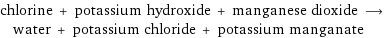 chlorine + potassium hydroxide + manganese dioxide ⟶ water + potassium chloride + potassium manganate