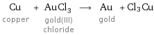 Cu copper + AuCl_3 gold(III) chloride ⟶ Au gold + Cl3Cu