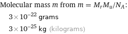 Molecular mass m from m = M_rM_u/N_A:  | 3×10^-22 grams  | 3×10^-25 kg (kilograms)