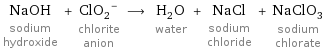 NaOH sodium hydroxide + (ClO_2)^- chlorite anion ⟶ H_2O water + NaCl sodium chloride + NaClO_3 sodium chlorate