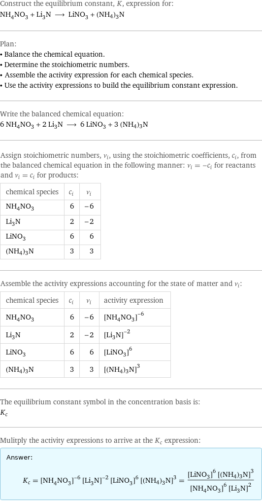 Construct the equilibrium constant, K, expression for: NH_4NO_3 + Li_3N ⟶ LiNO_3 + (NH4)3N Plan: • Balance the chemical equation. • Determine the stoichiometric numbers. • Assemble the activity expression for each chemical species. • Use the activity expressions to build the equilibrium constant expression. Write the balanced chemical equation: 6 NH_4NO_3 + 2 Li_3N ⟶ 6 LiNO_3 + 3 (NH4)3N Assign stoichiometric numbers, ν_i, using the stoichiometric coefficients, c_i, from the balanced chemical equation in the following manner: ν_i = -c_i for reactants and ν_i = c_i for products: chemical species | c_i | ν_i NH_4NO_3 | 6 | -6 Li_3N | 2 | -2 LiNO_3 | 6 | 6 (NH4)3N | 3 | 3 Assemble the activity expressions accounting for the state of matter and ν_i: chemical species | c_i | ν_i | activity expression NH_4NO_3 | 6 | -6 | ([NH4NO3])^(-6) Li_3N | 2 | -2 | ([Li3N])^(-2) LiNO_3 | 6 | 6 | ([LiNO3])^6 (NH4)3N | 3 | 3 | ([(NH4)3N])^3 The equilibrium constant symbol in the concentration basis is: K_c Mulitply the activity expressions to arrive at the K_c expression: Answer: |   | K_c = ([NH4NO3])^(-6) ([Li3N])^(-2) ([LiNO3])^6 ([(NH4)3N])^3 = (([LiNO3])^6 ([(NH4)3N])^3)/(([NH4NO3])^6 ([Li3N])^2)