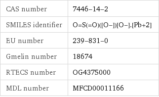 CAS number | 7446-14-2 SMILES identifier | O=S(=O)([O-])[O-].[Pb+2] EU number | 239-831-0 Gmelin number | 18674 RTECS number | OG4375000 MDL number | MFCD00011166