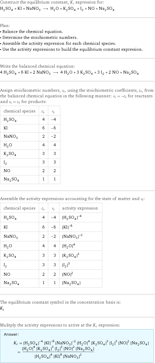Construct the equilibrium constant, K, expression for: H_2SO_4 + KI + NaNO_3 ⟶ H_2O + K_2SO_4 + I_2 + NO + Na_2SO_4 Plan: • Balance the chemical equation. • Determine the stoichiometric numbers. • Assemble the activity expression for each chemical species. • Use the activity expressions to build the equilibrium constant expression. Write the balanced chemical equation: 4 H_2SO_4 + 6 KI + 2 NaNO_3 ⟶ 4 H_2O + 3 K_2SO_4 + 3 I_2 + 2 NO + Na_2SO_4 Assign stoichiometric numbers, ν_i, using the stoichiometric coefficients, c_i, from the balanced chemical equation in the following manner: ν_i = -c_i for reactants and ν_i = c_i for products: chemical species | c_i | ν_i H_2SO_4 | 4 | -4 KI | 6 | -6 NaNO_3 | 2 | -2 H_2O | 4 | 4 K_2SO_4 | 3 | 3 I_2 | 3 | 3 NO | 2 | 2 Na_2SO_4 | 1 | 1 Assemble the activity expressions accounting for the state of matter and ν_i: chemical species | c_i | ν_i | activity expression H_2SO_4 | 4 | -4 | ([H2SO4])^(-4) KI | 6 | -6 | ([KI])^(-6) NaNO_3 | 2 | -2 | ([NaNO3])^(-2) H_2O | 4 | 4 | ([H2O])^4 K_2SO_4 | 3 | 3 | ([K2SO4])^3 I_2 | 3 | 3 | ([I2])^3 NO | 2 | 2 | ([NO])^2 Na_2SO_4 | 1 | 1 | [Na2SO4] The equilibrium constant symbol in the concentration basis is: K_c Mulitply the activity expressions to arrive at the K_c expression: Answer: |   | K_c = ([H2SO4])^(-4) ([KI])^(-6) ([NaNO3])^(-2) ([H2O])^4 ([K2SO4])^3 ([I2])^3 ([NO])^2 [Na2SO4] = (([H2O])^4 ([K2SO4])^3 ([I2])^3 ([NO])^2 [Na2SO4])/(([H2SO4])^4 ([KI])^6 ([NaNO3])^2)