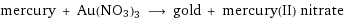 mercury + Au(NO3)3 ⟶ gold + mercury(II) nitrate