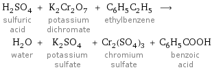 H_2SO_4 sulfuric acid + K_2Cr_2O_7 potassium dichromate + C_6H_5C_2H_5 ethylbenzene ⟶ H_2O water + K_2SO_4 potassium sulfate + Cr_2(SO_4)_3 chromium sulfate + C_6H_5COOH benzoic acid