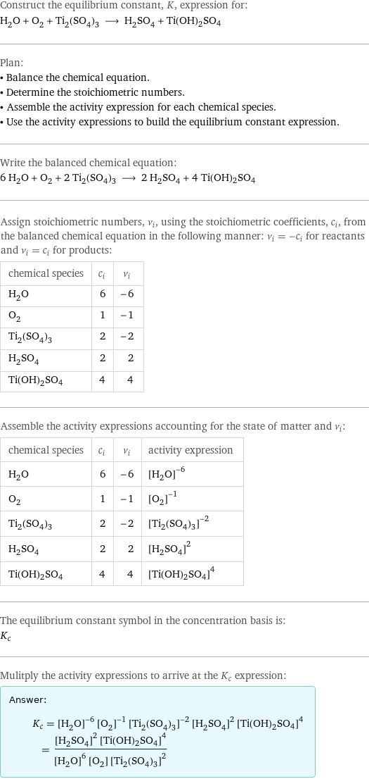 Construct the equilibrium constant, K, expression for: H_2O + O_2 + Ti_2(SO_4)_3 ⟶ H_2SO_4 + Ti(OH)2SO4 Plan: • Balance the chemical equation. • Determine the stoichiometric numbers. • Assemble the activity expression for each chemical species. • Use the activity expressions to build the equilibrium constant expression. Write the balanced chemical equation: 6 H_2O + O_2 + 2 Ti_2(SO_4)_3 ⟶ 2 H_2SO_4 + 4 Ti(OH)2SO4 Assign stoichiometric numbers, ν_i, using the stoichiometric coefficients, c_i, from the balanced chemical equation in the following manner: ν_i = -c_i for reactants and ν_i = c_i for products: chemical species | c_i | ν_i H_2O | 6 | -6 O_2 | 1 | -1 Ti_2(SO_4)_3 | 2 | -2 H_2SO_4 | 2 | 2 Ti(OH)2SO4 | 4 | 4 Assemble the activity expressions accounting for the state of matter and ν_i: chemical species | c_i | ν_i | activity expression H_2O | 6 | -6 | ([H2O])^(-6) O_2 | 1 | -1 | ([O2])^(-1) Ti_2(SO_4)_3 | 2 | -2 | ([Ti2(SO4)3])^(-2) H_2SO_4 | 2 | 2 | ([H2SO4])^2 Ti(OH)2SO4 | 4 | 4 | ([Ti(OH)2SO4])^4 The equilibrium constant symbol in the concentration basis is: K_c Mulitply the activity expressions to arrive at the K_c expression: Answer: |   | K_c = ([H2O])^(-6) ([O2])^(-1) ([Ti2(SO4)3])^(-2) ([H2SO4])^2 ([Ti(OH)2SO4])^4 = (([H2SO4])^2 ([Ti(OH)2SO4])^4)/(([H2O])^6 [O2] ([Ti2(SO4)3])^2)