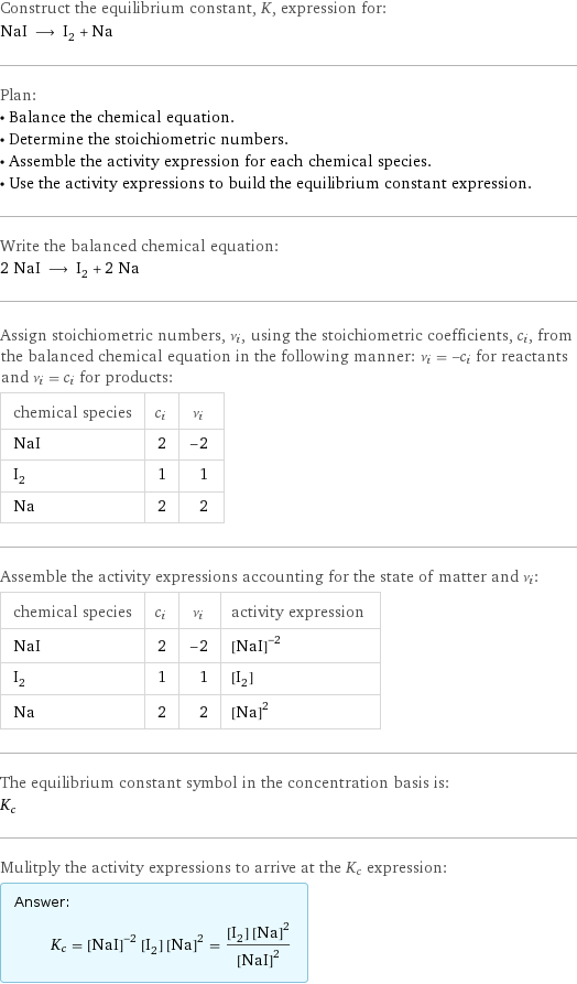 Construct the equilibrium constant, K, expression for: NaI ⟶ I_2 + Na Plan: • Balance the chemical equation. • Determine the stoichiometric numbers. • Assemble the activity expression for each chemical species. • Use the activity expressions to build the equilibrium constant expression. Write the balanced chemical equation: 2 NaI ⟶ I_2 + 2 Na Assign stoichiometric numbers, ν_i, using the stoichiometric coefficients, c_i, from the balanced chemical equation in the following manner: ν_i = -c_i for reactants and ν_i = c_i for products: chemical species | c_i | ν_i NaI | 2 | -2 I_2 | 1 | 1 Na | 2 | 2 Assemble the activity expressions accounting for the state of matter and ν_i: chemical species | c_i | ν_i | activity expression NaI | 2 | -2 | ([NaI])^(-2) I_2 | 1 | 1 | [I2] Na | 2 | 2 | ([Na])^2 The equilibrium constant symbol in the concentration basis is: K_c Mulitply the activity expressions to arrive at the K_c expression: Answer: |   | K_c = ([NaI])^(-2) [I2] ([Na])^2 = ([I2] ([Na])^2)/([NaI])^2