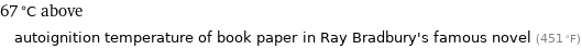 67 °C above autoignition temperature of book paper in Ray Bradbury's famous novel (451 °F)