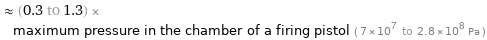  ≈ (0.3 to 1.3) × maximum pressure in the chamber of a firing pistol ( 7×10^7 to 2.8×10^8 Pa )