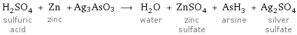 H_2SO_4 sulfuric acid + Zn zinc + Ag3AsO3 ⟶ H_2O water + ZnSO_4 zinc sulfate + AsH_3 arsine + Ag_2SO_4 silver sulfate