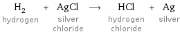 H_2 hydrogen + AgCl silver chloride ⟶ HCl hydrogen chloride + Ag silver