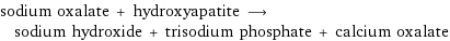 sodium oxalate + hydroxyapatite ⟶ sodium hydroxide + trisodium phosphate + calcium oxalate