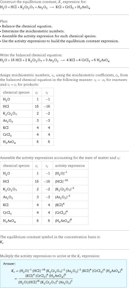 Construct the equilibrium constant, K, expression for: H_2O + HCl + K_2Cr_2O_7 + As_2O_3 ⟶ KCl + CrCl_3 + H_3AsO_4 Plan: • Balance the chemical equation. • Determine the stoichiometric numbers. • Assemble the activity expression for each chemical species. • Use the activity expressions to build the equilibrium constant expression. Write the balanced chemical equation: H_2O + 16 HCl + 2 K_2Cr_2O_7 + 3 As_2O_3 ⟶ 4 KCl + 4 CrCl_3 + 6 H_3AsO_4 Assign stoichiometric numbers, ν_i, using the stoichiometric coefficients, c_i, from the balanced chemical equation in the following manner: ν_i = -c_i for reactants and ν_i = c_i for products: chemical species | c_i | ν_i H_2O | 1 | -1 HCl | 16 | -16 K_2Cr_2O_7 | 2 | -2 As_2O_3 | 3 | -3 KCl | 4 | 4 CrCl_3 | 4 | 4 H_3AsO_4 | 6 | 6 Assemble the activity expressions accounting for the state of matter and ν_i: chemical species | c_i | ν_i | activity expression H_2O | 1 | -1 | ([H2O])^(-1) HCl | 16 | -16 | ([HCl])^(-16) K_2Cr_2O_7 | 2 | -2 | ([K2Cr2O7])^(-2) As_2O_3 | 3 | -3 | ([As2O3])^(-3) KCl | 4 | 4 | ([KCl])^4 CrCl_3 | 4 | 4 | ([CrCl3])^4 H_3AsO_4 | 6 | 6 | ([H3AsO4])^6 The equilibrium constant symbol in the concentration basis is: K_c Mulitply the activity expressions to arrive at the K_c expression: Answer: |   | K_c = ([H2O])^(-1) ([HCl])^(-16) ([K2Cr2O7])^(-2) ([As2O3])^(-3) ([KCl])^4 ([CrCl3])^4 ([H3AsO4])^6 = (([KCl])^4 ([CrCl3])^4 ([H3AsO4])^6)/([H2O] ([HCl])^16 ([K2Cr2O7])^2 ([As2O3])^3)
