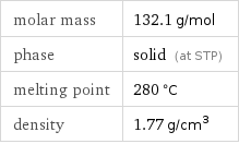 molar mass | 132.1 g/mol phase | solid (at STP) melting point | 280 °C density | 1.77 g/cm^3