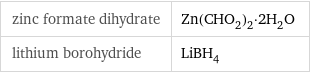 zinc formate dihydrate | Zn(CHO_2)_2·2H_2O lithium borohydride | LiBH_4