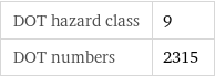 DOT hazard class | 9 DOT numbers | 2315