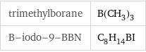 trimethylborane | B(CH_3)_3 B-iodo-9-BBN | C_8H_14BI