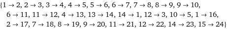 {1->2, 2->3, 3->4, 4->5, 5->6, 6->7, 7->8, 8->9, 9->10, 6->11, 11->12, 4->13, 13->14, 14->1, 12->3, 10->5, 1->16, 2->17, 7->18, 8->19, 9->20, 11->21, 12->22, 14->23, 15->24}