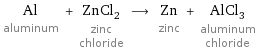 Al aluminum + ZnCl_2 zinc chloride ⟶ Zn zinc + AlCl_3 aluminum chloride