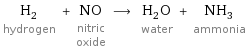 H_2 hydrogen + NO nitric oxide ⟶ H_2O water + NH_3 ammonia