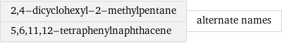 2, 4-dicyclohexyl-2-methylpentane 5, 6, 11, 12-tetraphenylnaphthacene | alternate names