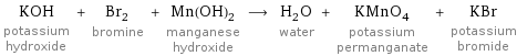 KOH potassium hydroxide + Br_2 bromine + Mn(OH)_2 manganese hydroxide ⟶ H_2O water + KMnO_4 potassium permanganate + KBr potassium bromide