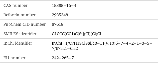 CAS number | 18388-16-4 Beilstein number | 2935348 PubChem CID number | 87618 SMILES identifier | C1CCC(CC1)C[Si](Cl)(Cl)Cl InChI identifier | InChI=1/C7H13Cl3Si/c8-11(9, 10)6-7-4-2-1-3-5-7/h7H, 1-6H2 EU number | 242-265-7