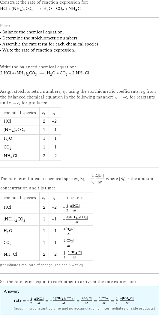 Construct the rate of reaction expression for: HCl + (NH_4)_2CO_3 ⟶ H_2O + CO_2 + NH_4Cl Plan: • Balance the chemical equation. • Determine the stoichiometric numbers. • Assemble the rate term for each chemical species. • Write the rate of reaction expression. Write the balanced chemical equation: 2 HCl + (NH_4)_2CO_3 ⟶ H_2O + CO_2 + 2 NH_4Cl Assign stoichiometric numbers, ν_i, using the stoichiometric coefficients, c_i, from the balanced chemical equation in the following manner: ν_i = -c_i for reactants and ν_i = c_i for products: chemical species | c_i | ν_i HCl | 2 | -2 (NH_4)_2CO_3 | 1 | -1 H_2O | 1 | 1 CO_2 | 1 | 1 NH_4Cl | 2 | 2 The rate term for each chemical species, B_i, is 1/ν_i(Δ[B_i])/(Δt) where [B_i] is the amount concentration and t is time: chemical species | c_i | ν_i | rate term HCl | 2 | -2 | -1/2 (Δ[HCl])/(Δt) (NH_4)_2CO_3 | 1 | -1 | -(Δ[(NH4)2CO3])/(Δt) H_2O | 1 | 1 | (Δ[H2O])/(Δt) CO_2 | 1 | 1 | (Δ[CO2])/(Δt) NH_4Cl | 2 | 2 | 1/2 (Δ[NH4Cl])/(Δt) (for infinitesimal rate of change, replace Δ with d) Set the rate terms equal to each other to arrive at the rate expression: Answer: |   | rate = -1/2 (Δ[HCl])/(Δt) = -(Δ[(NH4)2CO3])/(Δt) = (Δ[H2O])/(Δt) = (Δ[CO2])/(Δt) = 1/2 (Δ[NH4Cl])/(Δt) (assuming constant volume and no accumulation of intermediates or side products)