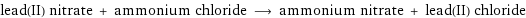 lead(II) nitrate + ammonium chloride ⟶ ammonium nitrate + lead(II) chloride