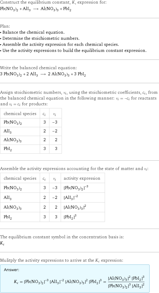 Construct the equilibrium constant, K, expression for: Pb(NO_3)_2 + AlI_3 ⟶ Al(NO_3)_3 + PbI_2 Plan: • Balance the chemical equation. • Determine the stoichiometric numbers. • Assemble the activity expression for each chemical species. • Use the activity expressions to build the equilibrium constant expression. Write the balanced chemical equation: 3 Pb(NO_3)_2 + 2 AlI_3 ⟶ 2 Al(NO_3)_3 + 3 PbI_2 Assign stoichiometric numbers, ν_i, using the stoichiometric coefficients, c_i, from the balanced chemical equation in the following manner: ν_i = -c_i for reactants and ν_i = c_i for products: chemical species | c_i | ν_i Pb(NO_3)_2 | 3 | -3 AlI_3 | 2 | -2 Al(NO_3)_3 | 2 | 2 PbI_2 | 3 | 3 Assemble the activity expressions accounting for the state of matter and ν_i: chemical species | c_i | ν_i | activity expression Pb(NO_3)_2 | 3 | -3 | ([Pb(NO3)2])^(-3) AlI_3 | 2 | -2 | ([AlI3])^(-2) Al(NO_3)_3 | 2 | 2 | ([Al(NO3)3])^2 PbI_2 | 3 | 3 | ([PbI2])^3 The equilibrium constant symbol in the concentration basis is: K_c Mulitply the activity expressions to arrive at the K_c expression: Answer: |   | K_c = ([Pb(NO3)2])^(-3) ([AlI3])^(-2) ([Al(NO3)3])^2 ([PbI2])^3 = (([Al(NO3)3])^2 ([PbI2])^3)/(([Pb(NO3)2])^3 ([AlI3])^2)