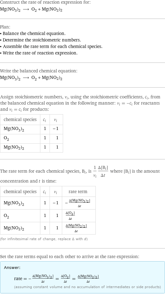 Construct the rate of reaction expression for: Mg(NO_3)_2 ⟶ O_2 + Mg(NO2)2 Plan: • Balance the chemical equation. • Determine the stoichiometric numbers. • Assemble the rate term for each chemical species. • Write the rate of reaction expression. Write the balanced chemical equation: Mg(NO_3)_2 ⟶ O_2 + Mg(NO2)2 Assign stoichiometric numbers, ν_i, using the stoichiometric coefficients, c_i, from the balanced chemical equation in the following manner: ν_i = -c_i for reactants and ν_i = c_i for products: chemical species | c_i | ν_i Mg(NO_3)_2 | 1 | -1 O_2 | 1 | 1 Mg(NO2)2 | 1 | 1 The rate term for each chemical species, B_i, is 1/ν_i(Δ[B_i])/(Δt) where [B_i] is the amount concentration and t is time: chemical species | c_i | ν_i | rate term Mg(NO_3)_2 | 1 | -1 | -(Δ[Mg(NO3)2])/(Δt) O_2 | 1 | 1 | (Δ[O2])/(Δt) Mg(NO2)2 | 1 | 1 | (Δ[Mg(NO2)2])/(Δt) (for infinitesimal rate of change, replace Δ with d) Set the rate terms equal to each other to arrive at the rate expression: Answer: |   | rate = -(Δ[Mg(NO3)2])/(Δt) = (Δ[O2])/(Δt) = (Δ[Mg(NO2)2])/(Δt) (assuming constant volume and no accumulation of intermediates or side products)