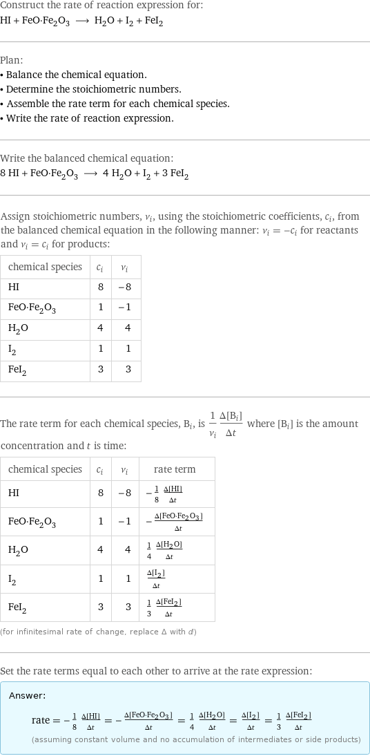 Construct the rate of reaction expression for: HI + FeO·Fe_2O_3 ⟶ H_2O + I_2 + FeI_2 Plan: • Balance the chemical equation. • Determine the stoichiometric numbers. • Assemble the rate term for each chemical species. • Write the rate of reaction expression. Write the balanced chemical equation: 8 HI + FeO·Fe_2O_3 ⟶ 4 H_2O + I_2 + 3 FeI_2 Assign stoichiometric numbers, ν_i, using the stoichiometric coefficients, c_i, from the balanced chemical equation in the following manner: ν_i = -c_i for reactants and ν_i = c_i for products: chemical species | c_i | ν_i HI | 8 | -8 FeO·Fe_2O_3 | 1 | -1 H_2O | 4 | 4 I_2 | 1 | 1 FeI_2 | 3 | 3 The rate term for each chemical species, B_i, is 1/ν_i(Δ[B_i])/(Δt) where [B_i] is the amount concentration and t is time: chemical species | c_i | ν_i | rate term HI | 8 | -8 | -1/8 (Δ[HI])/(Δt) FeO·Fe_2O_3 | 1 | -1 | -(Δ[FeO·Fe2O3])/(Δt) H_2O | 4 | 4 | 1/4 (Δ[H2O])/(Δt) I_2 | 1 | 1 | (Δ[I2])/(Δt) FeI_2 | 3 | 3 | 1/3 (Δ[FeI2])/(Δt) (for infinitesimal rate of change, replace Δ with d) Set the rate terms equal to each other to arrive at the rate expression: Answer: |   | rate = -1/8 (Δ[HI])/(Δt) = -(Δ[FeO·Fe2O3])/(Δt) = 1/4 (Δ[H2O])/(Δt) = (Δ[I2])/(Δt) = 1/3 (Δ[FeI2])/(Δt) (assuming constant volume and no accumulation of intermediates or side products)