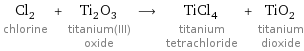 Cl_2 chlorine + Ti_2O_3 titanium(III) oxide ⟶ TiCl_4 titanium tetrachloride + TiO_2 titanium dioxide