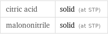 citric acid | solid (at STP) malononitrile | solid (at STP)