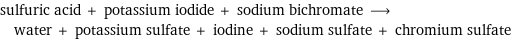 sulfuric acid + potassium iodide + sodium bichromate ⟶ water + potassium sulfate + iodine + sodium sulfate + chromium sulfate