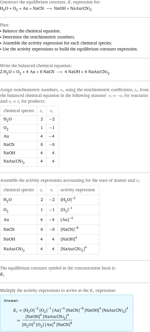 Construct the equilibrium constant, K, expression for: H_2O + O_2 + Au + NaCN ⟶ NaOH + NaAu(CN)_2 Plan: • Balance the chemical equation. • Determine the stoichiometric numbers. • Assemble the activity expression for each chemical species. • Use the activity expressions to build the equilibrium constant expression. Write the balanced chemical equation: 2 H_2O + O_2 + 4 Au + 8 NaCN ⟶ 4 NaOH + 4 NaAu(CN)_2 Assign stoichiometric numbers, ν_i, using the stoichiometric coefficients, c_i, from the balanced chemical equation in the following manner: ν_i = -c_i for reactants and ν_i = c_i for products: chemical species | c_i | ν_i H_2O | 2 | -2 O_2 | 1 | -1 Au | 4 | -4 NaCN | 8 | -8 NaOH | 4 | 4 NaAu(CN)_2 | 4 | 4 Assemble the activity expressions accounting for the state of matter and ν_i: chemical species | c_i | ν_i | activity expression H_2O | 2 | -2 | ([H2O])^(-2) O_2 | 1 | -1 | ([O2])^(-1) Au | 4 | -4 | ([Au])^(-4) NaCN | 8 | -8 | ([NaCN])^(-8) NaOH | 4 | 4 | ([NaOH])^4 NaAu(CN)_2 | 4 | 4 | ([NaAu(CN)2])^4 The equilibrium constant symbol in the concentration basis is: K_c Mulitply the activity expressions to arrive at the K_c expression: Answer: |   | K_c = ([H2O])^(-2) ([O2])^(-1) ([Au])^(-4) ([NaCN])^(-8) ([NaOH])^4 ([NaAu(CN)2])^4 = (([NaOH])^4 ([NaAu(CN)2])^4)/(([H2O])^2 [O2] ([Au])^4 ([NaCN])^8)