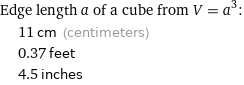 Edge length a of a cube from V = a^3:  | 11 cm (centimeters)  | 0.37 feet  | 4.5 inches