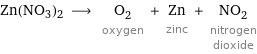 Zn(NO3)2 ⟶ O_2 oxygen + Zn zinc + NO_2 nitrogen dioxide