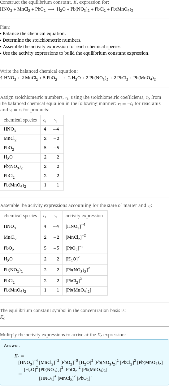 Construct the equilibrium constant, K, expression for: HNO_3 + MnCl_2 + PbO_2 ⟶ H_2O + Pb(NO_3)_2 + PbCl_2 + Pb(MnO4)2 Plan: • Balance the chemical equation. • Determine the stoichiometric numbers. • Assemble the activity expression for each chemical species. • Use the activity expressions to build the equilibrium constant expression. Write the balanced chemical equation: 4 HNO_3 + 2 MnCl_2 + 5 PbO_2 ⟶ 2 H_2O + 2 Pb(NO_3)_2 + 2 PbCl_2 + Pb(MnO4)2 Assign stoichiometric numbers, ν_i, using the stoichiometric coefficients, c_i, from the balanced chemical equation in the following manner: ν_i = -c_i for reactants and ν_i = c_i for products: chemical species | c_i | ν_i HNO_3 | 4 | -4 MnCl_2 | 2 | -2 PbO_2 | 5 | -5 H_2O | 2 | 2 Pb(NO_3)_2 | 2 | 2 PbCl_2 | 2 | 2 Pb(MnO4)2 | 1 | 1 Assemble the activity expressions accounting for the state of matter and ν_i: chemical species | c_i | ν_i | activity expression HNO_3 | 4 | -4 | ([HNO3])^(-4) MnCl_2 | 2 | -2 | ([MnCl2])^(-2) PbO_2 | 5 | -5 | ([PbO2])^(-5) H_2O | 2 | 2 | ([H2O])^2 Pb(NO_3)_2 | 2 | 2 | ([Pb(NO3)2])^2 PbCl_2 | 2 | 2 | ([PbCl2])^2 Pb(MnO4)2 | 1 | 1 | [Pb(MnO4)2] The equilibrium constant symbol in the concentration basis is: K_c Mulitply the activity expressions to arrive at the K_c expression: Answer: |   | K_c = ([HNO3])^(-4) ([MnCl2])^(-2) ([PbO2])^(-5) ([H2O])^2 ([Pb(NO3)2])^2 ([PbCl2])^2 [Pb(MnO4)2] = (([H2O])^2 ([Pb(NO3)2])^2 ([PbCl2])^2 [Pb(MnO4)2])/(([HNO3])^4 ([MnCl2])^2 ([PbO2])^5)