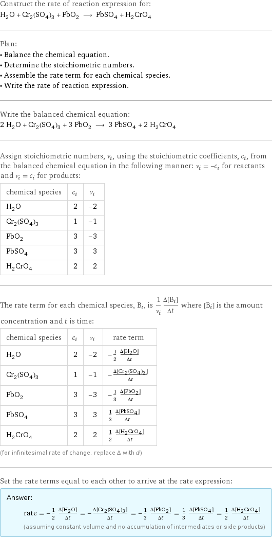 Construct the rate of reaction expression for: H_2O + Cr_2(SO_4)_3 + PbO_2 ⟶ PbSO_4 + H_2CrO_4 Plan: • Balance the chemical equation. • Determine the stoichiometric numbers. • Assemble the rate term for each chemical species. • Write the rate of reaction expression. Write the balanced chemical equation: 2 H_2O + Cr_2(SO_4)_3 + 3 PbO_2 ⟶ 3 PbSO_4 + 2 H_2CrO_4 Assign stoichiometric numbers, ν_i, using the stoichiometric coefficients, c_i, from the balanced chemical equation in the following manner: ν_i = -c_i for reactants and ν_i = c_i for products: chemical species | c_i | ν_i H_2O | 2 | -2 Cr_2(SO_4)_3 | 1 | -1 PbO_2 | 3 | -3 PbSO_4 | 3 | 3 H_2CrO_4 | 2 | 2 The rate term for each chemical species, B_i, is 1/ν_i(Δ[B_i])/(Δt) where [B_i] is the amount concentration and t is time: chemical species | c_i | ν_i | rate term H_2O | 2 | -2 | -1/2 (Δ[H2O])/(Δt) Cr_2(SO_4)_3 | 1 | -1 | -(Δ[Cr2(SO4)3])/(Δt) PbO_2 | 3 | -3 | -1/3 (Δ[PbO2])/(Δt) PbSO_4 | 3 | 3 | 1/3 (Δ[PbSO4])/(Δt) H_2CrO_4 | 2 | 2 | 1/2 (Δ[H2CrO4])/(Δt) (for infinitesimal rate of change, replace Δ with d) Set the rate terms equal to each other to arrive at the rate expression: Answer: |   | rate = -1/2 (Δ[H2O])/(Δt) = -(Δ[Cr2(SO4)3])/(Δt) = -1/3 (Δ[PbO2])/(Δt) = 1/3 (Δ[PbSO4])/(Δt) = 1/2 (Δ[H2CrO4])/(Δt) (assuming constant volume and no accumulation of intermediates or side products)